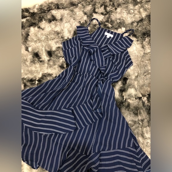 NAVY BLUE WHITE STRIPES SPAGHETTI STRAP WRAPPED BUSINESS CASUAL RUFFLE DRESS - Picture 4 of 11